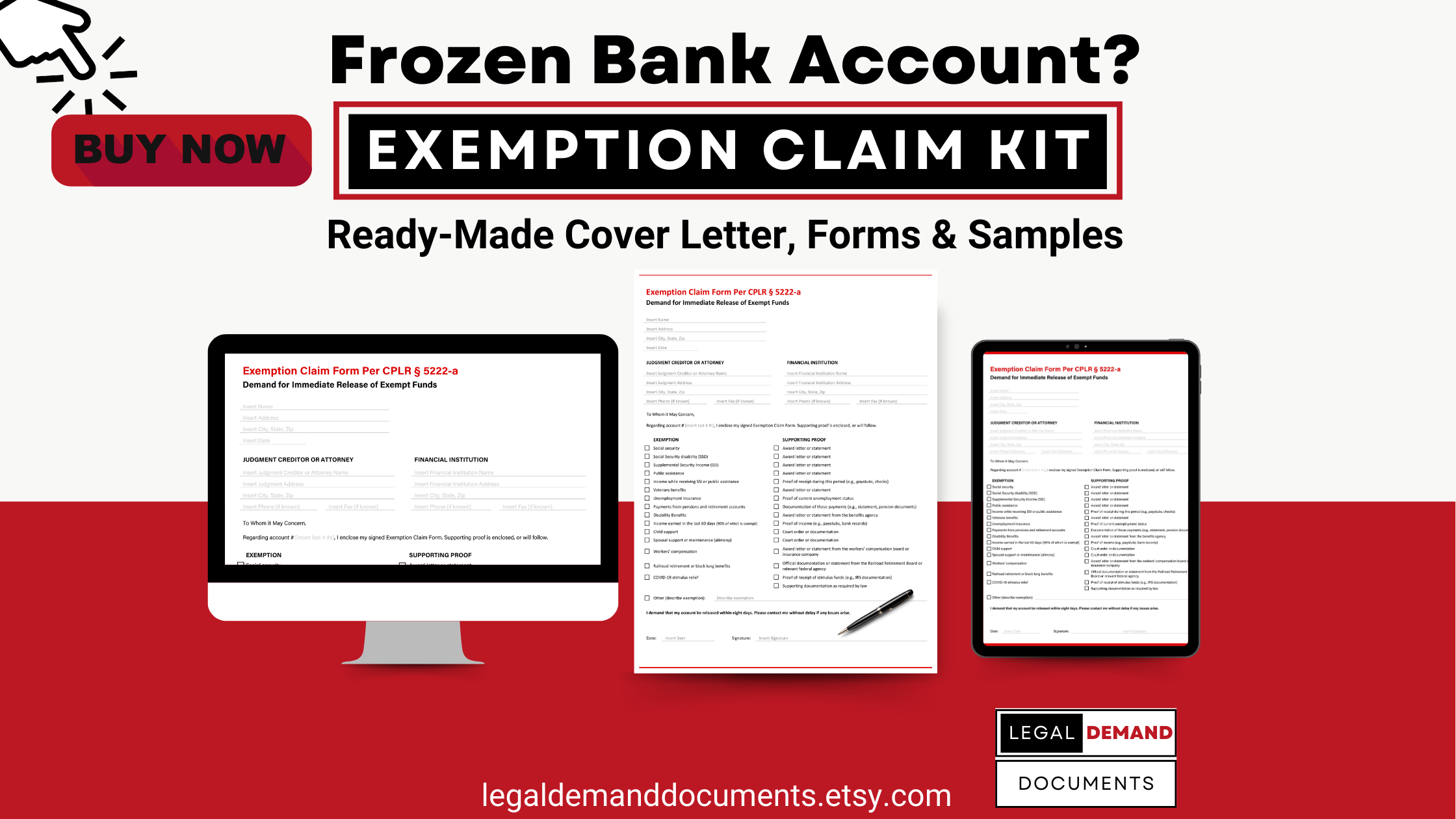 A graphic showing a fillable PDF and fillable Word form document of an exemption claim form and cover letter to unfreeze bank holds under New York CPLR § 5222-a created by a consumer debt-defense lawyer, Jesse Langel of The Langel Firm.