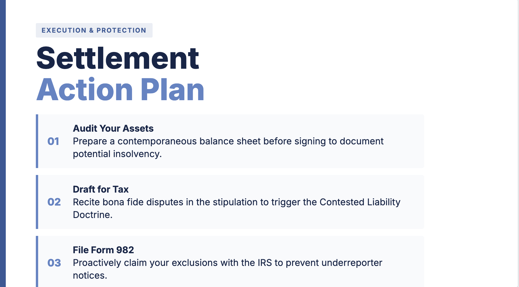 A professional, light-themed legal graphic from The Langel Firm detailing a three-step "Settlement Action Plan" for managing tax liability, featuring steps for asset auditing, tax-conscious drafting of stipulations, and proactive IRS Form 982 filing.