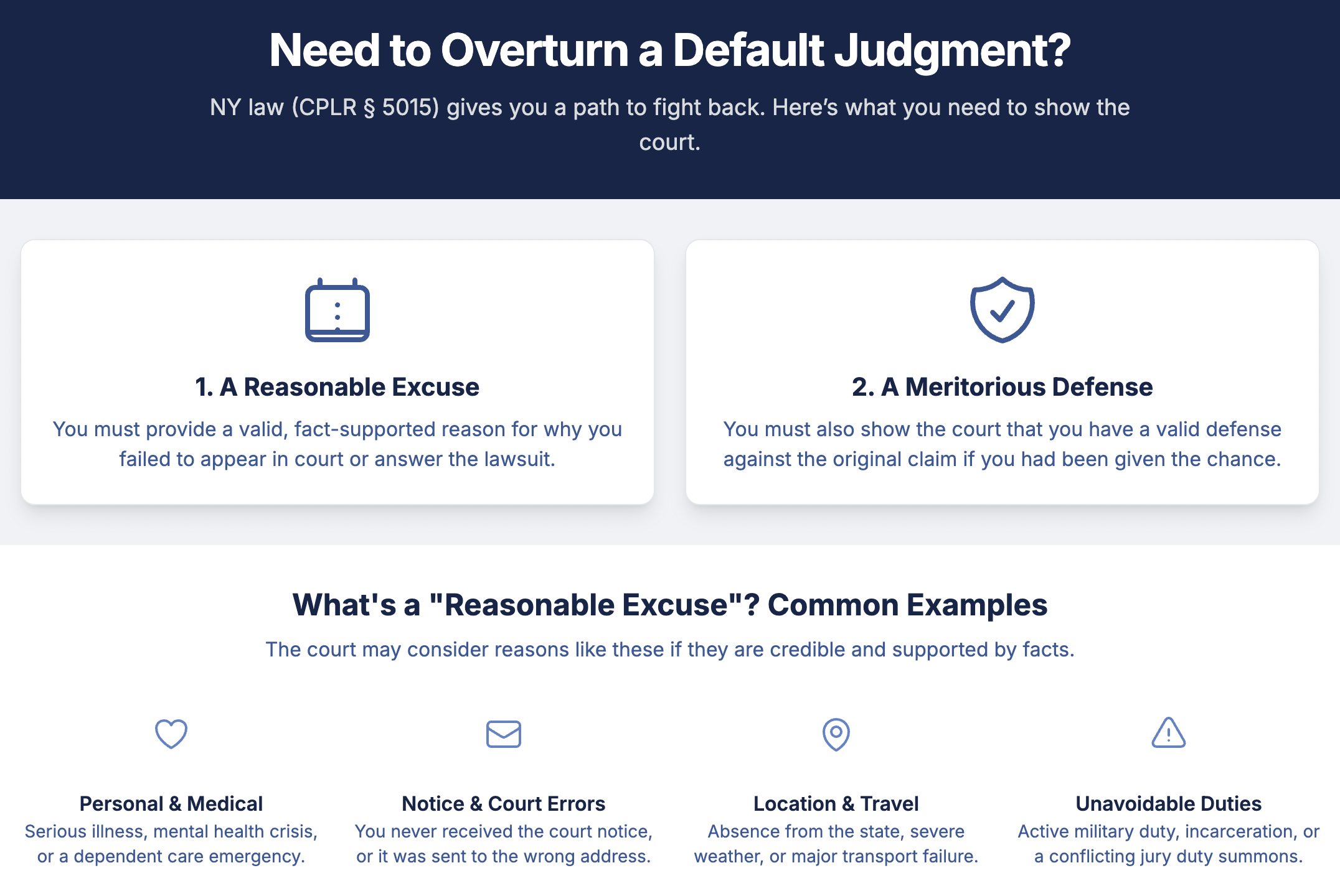 Need to Overturn a Default Judgment? NY law (CPLR § 5015) gives you a path to fight back. Here’s what you need to show the court.