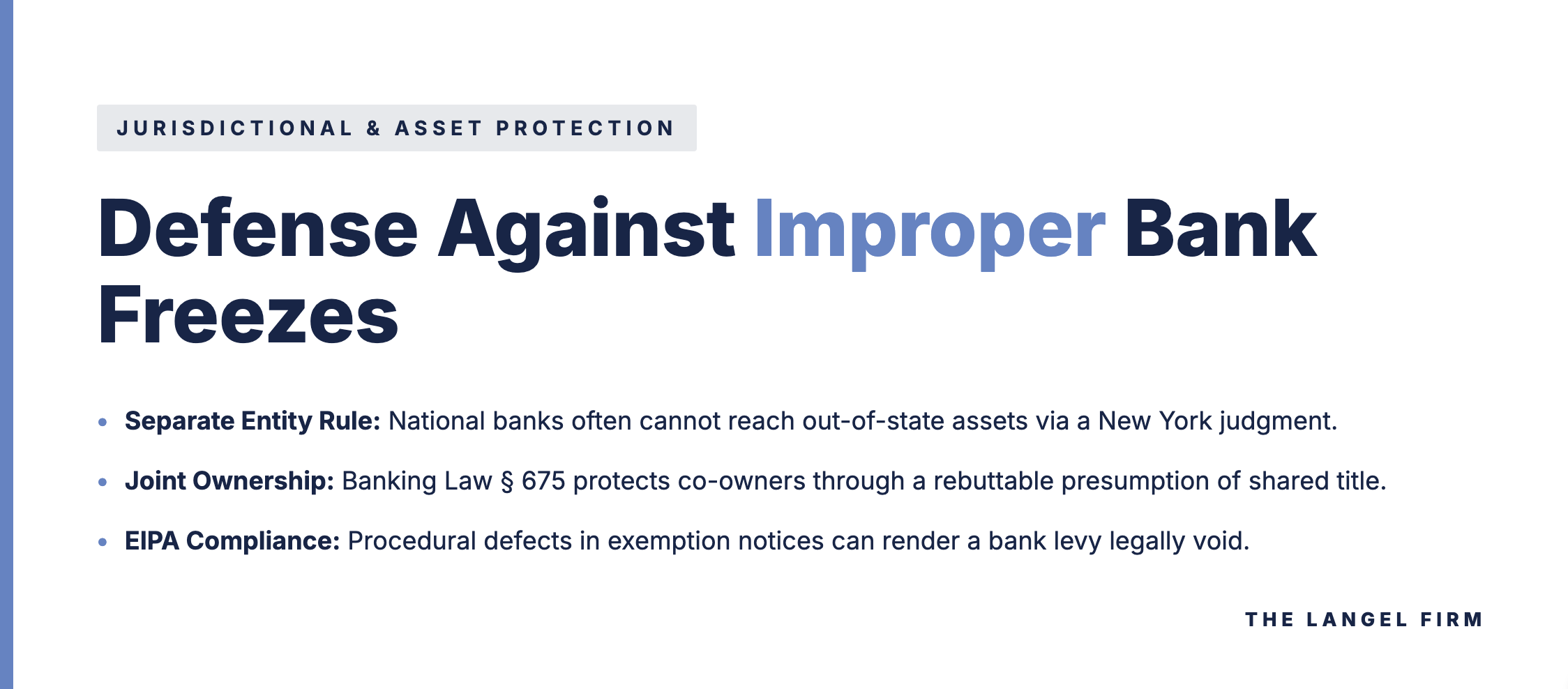 Professional white-background banner titled "Defense Against Improper Bank Freezes" with navy and blue accents.